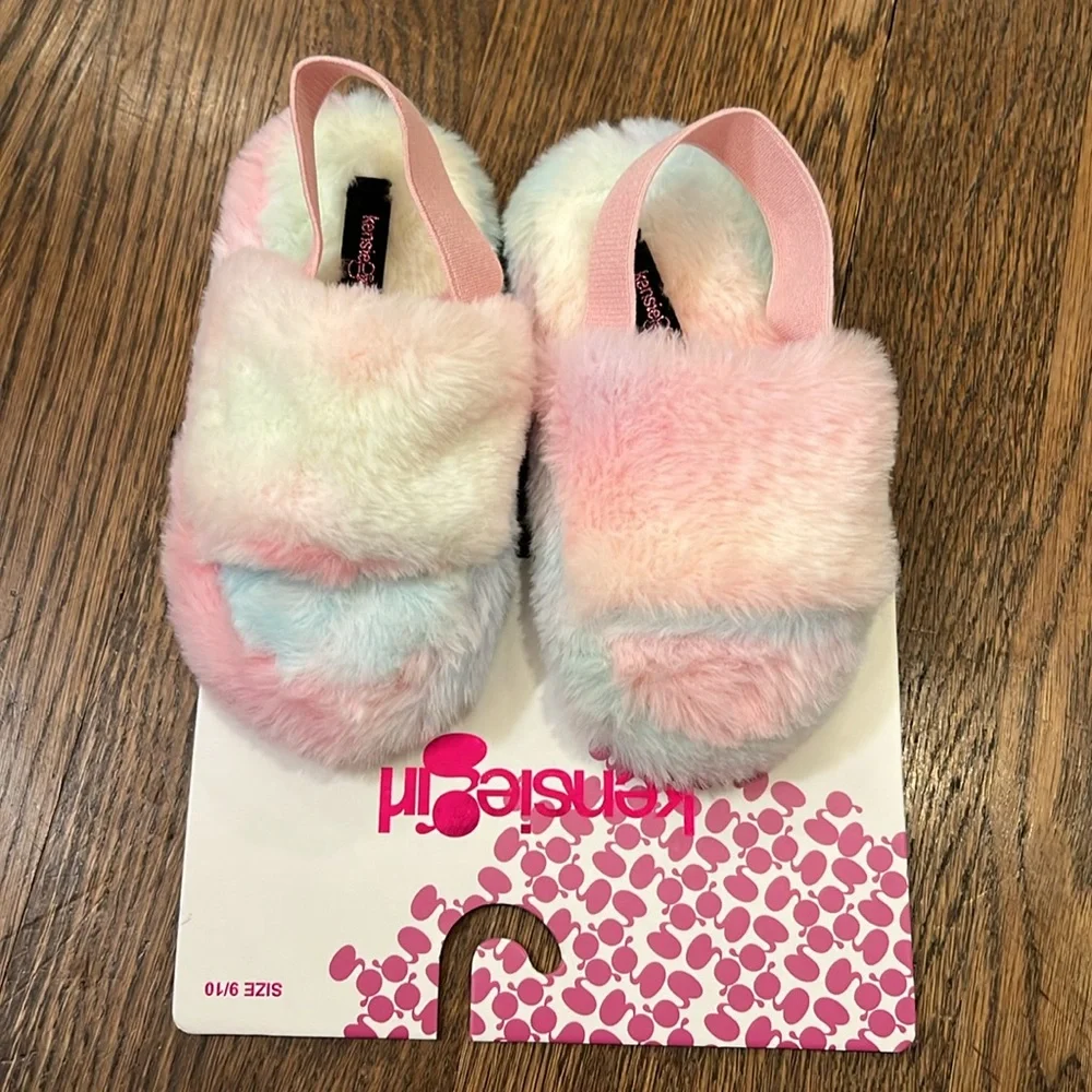Kensie Girl rainbow fuzzy open toe elastic back toddler girl slippers